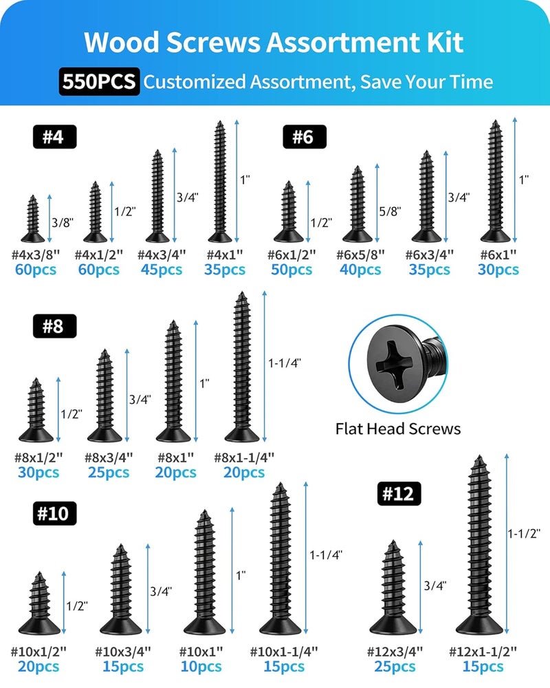 DIVANC 550Pcs 304 Stainless Steel Wood Screws Assortment Kit, Phillips Flat Head Sheet Metal Screws Self Tapping Screws Set, #4#6#8#10#12 Wood Assorted Screw (Black-Flat Head 550PCS) - Image 2